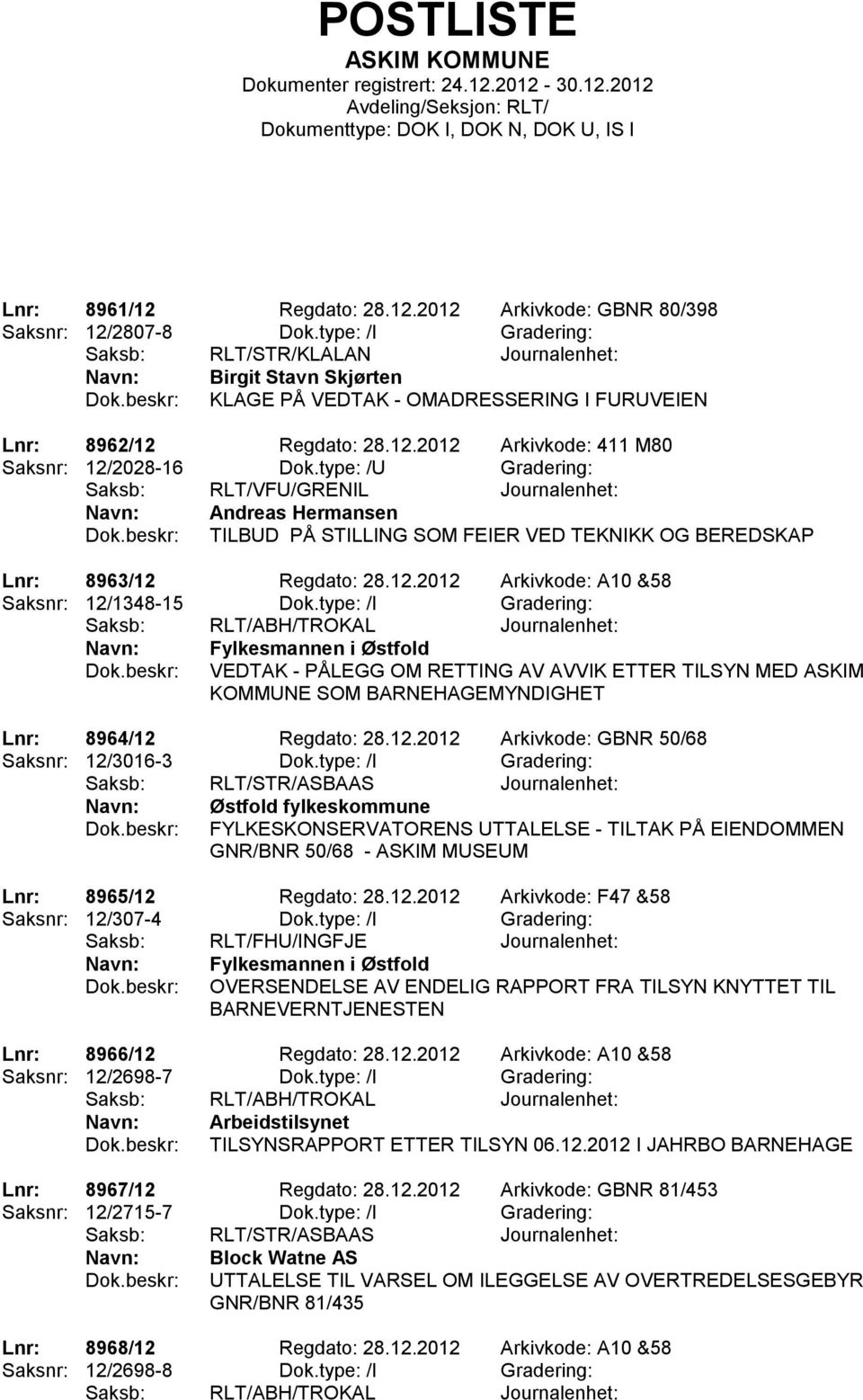 type: /U Gradering: Andreas Hermansen TILBUD PÅ STILLING SOM FEIER VED TEKNIKK OG BEREDSKAP Lnr: 8963/12 Regdato: 28.12.2012 Arkivkode: A10 &58 Saksnr: 12/1348-15 Dok.