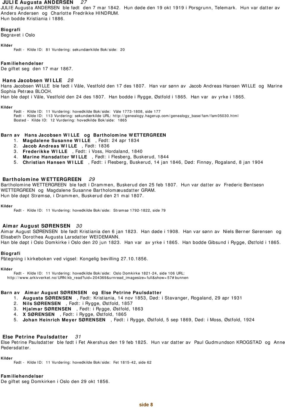 Hans Jacobsen WILLE 28 Hans Jacobsen WILLE ble født i Våle, Vestfold den 17 des 1807. Han var sønn av Jacob Andreas Hansen WILLE og Marine Sophia Petræa BLOCH.