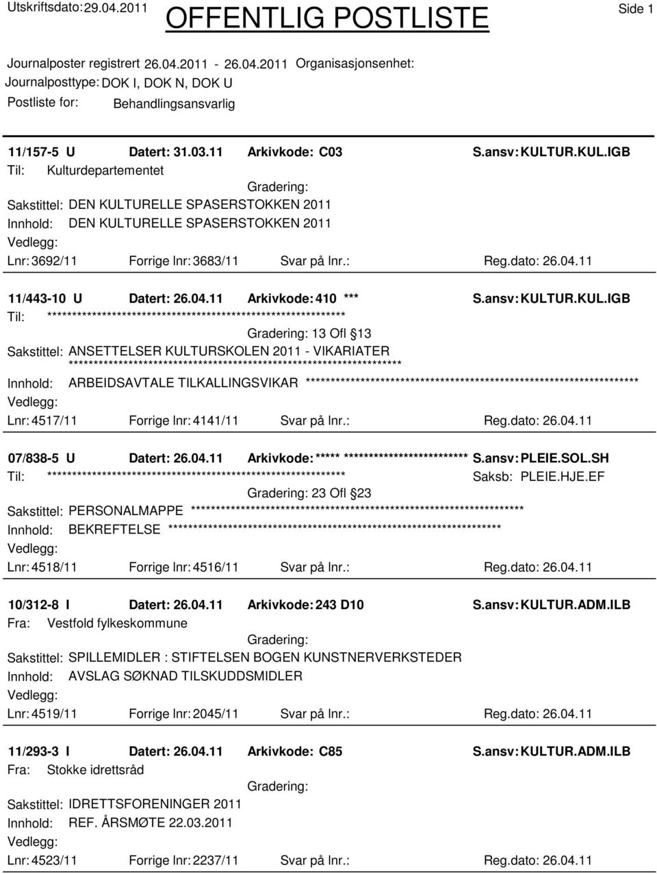 11 11/443-10 U Datert: 26.04.11 Arkivkode: 410 *** S.ansv: KULT