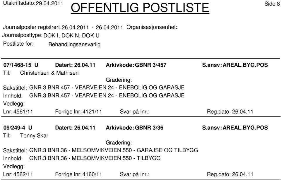 457 - VEARVEIEN 24 - ENEBOLIG OG GARASJE Lnr: 4561/11 Forrige lnr: 4121/11 Svar på lnr.: Reg.dato: 26.04.11 09/249-4 U Datert: 26.