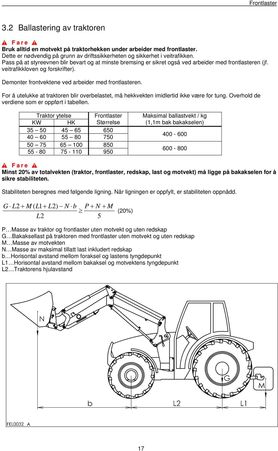 For å utelukke at traktoren blir overbelastet, må hekkvekten imidlertid ikke være for tung. Overhold de verdiene som er oppført i tabellen.