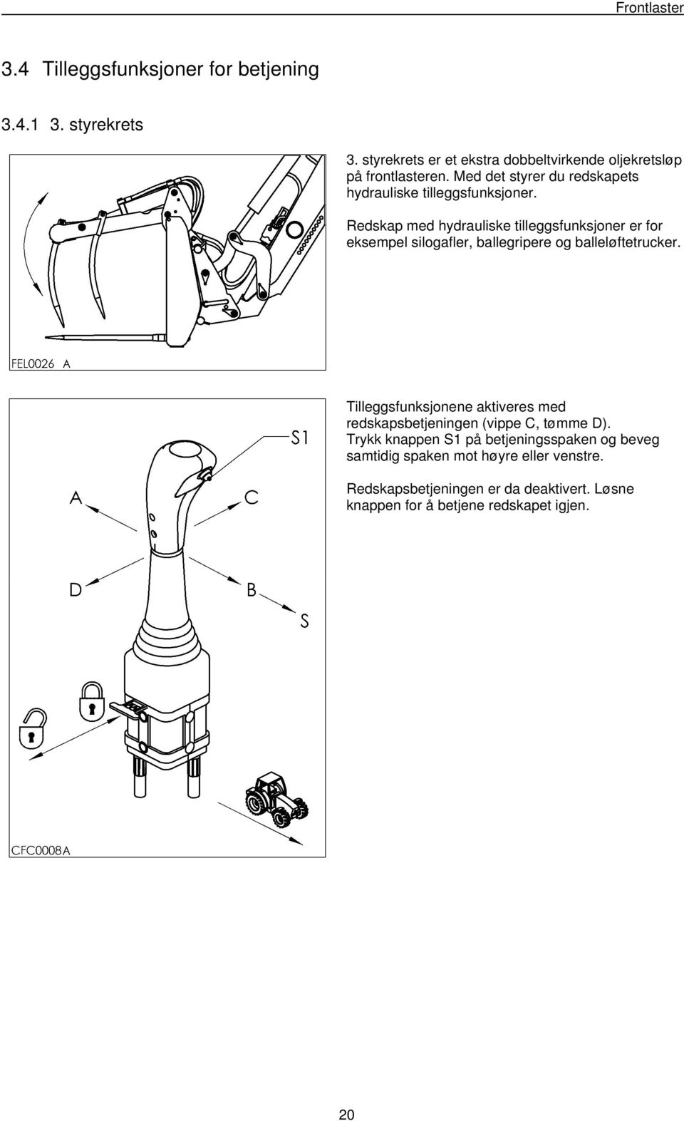 Redskap med hydrauliske tilleggsfunksjoner er for eksempel silogafler, ballegripere og balleløftetrucker.