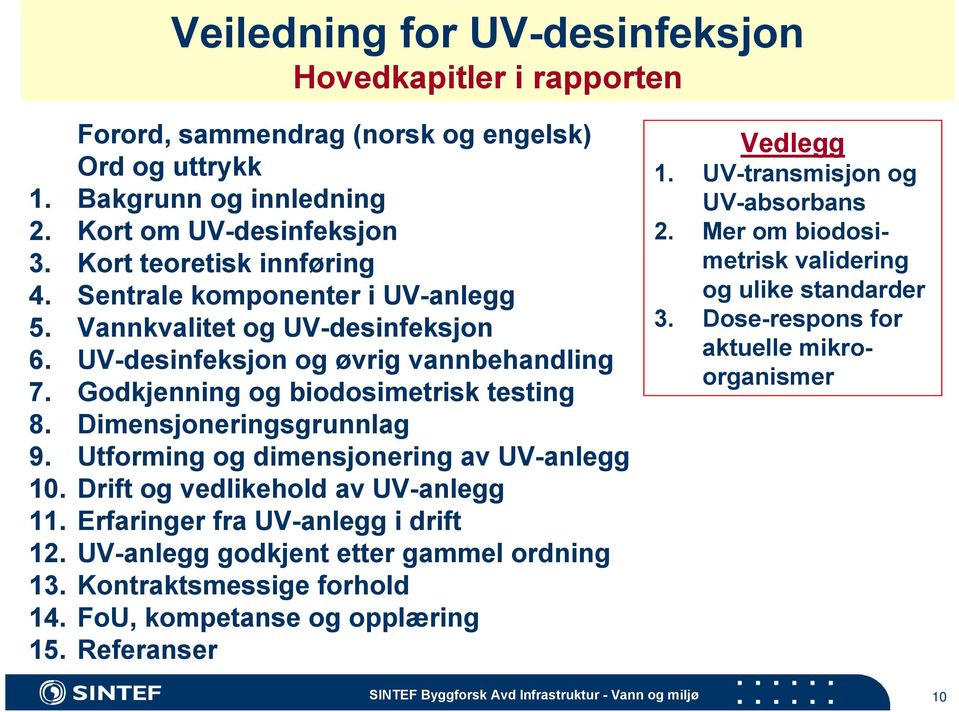 Utforming og dimensjonering av UV-anlegg 10. Drift og vedlikehold av UV-anlegg 11. Erfaringer fra UV-anlegg i drift 12. UV-anlegg godkjent etter gammel ordning 13. Kontraktsmessige forhold 14.