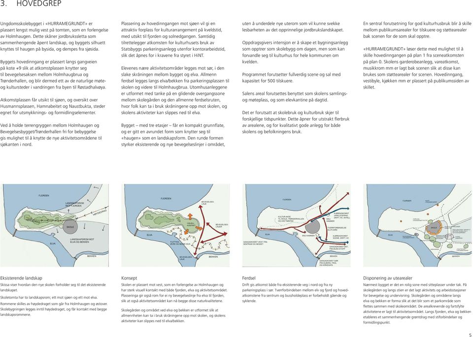 Byggets hovedinngang er plassert langs gangveien på kote +9 slik at atkomstplassen knytter seg til bevegelsesaksen mellom Holmhaugbrua og Trøndeallen, og blir dermed ett av de naturlige og