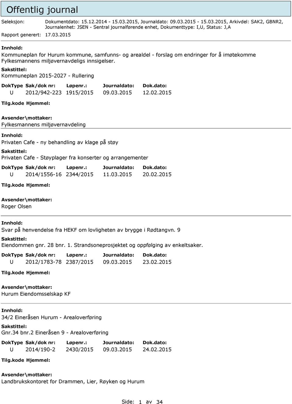 Kommuneplan 2015-2027 - Rullering 2012/942-223 1915/2015 12.02.2015 Fylkesmannens miljøvernavdeling Privaten Cafe - ny behandling av klage på støy Privaten Cafe - Støyplager fra konserter og arrangementer 2014/1556-16 2344/2015 20.