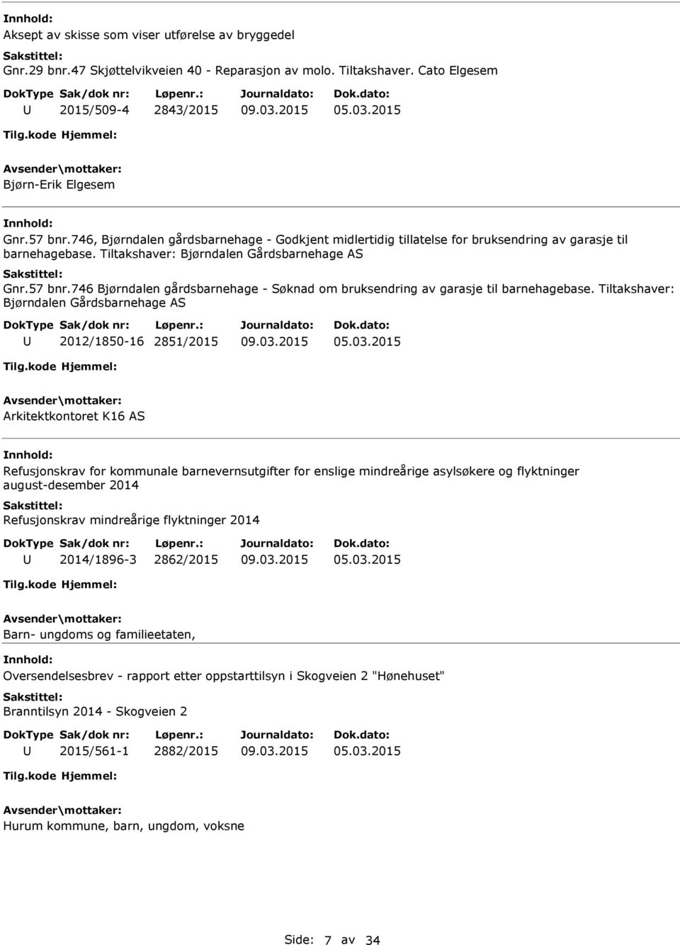 746 Bjørndalen gårdsbarnehage - Søknad om bruksendring av garasje til barnehagebase. Tiltakshaver: Bjørndalen Gårdsbarnehage AS 2012/1850-16 2851/2015 05.03.