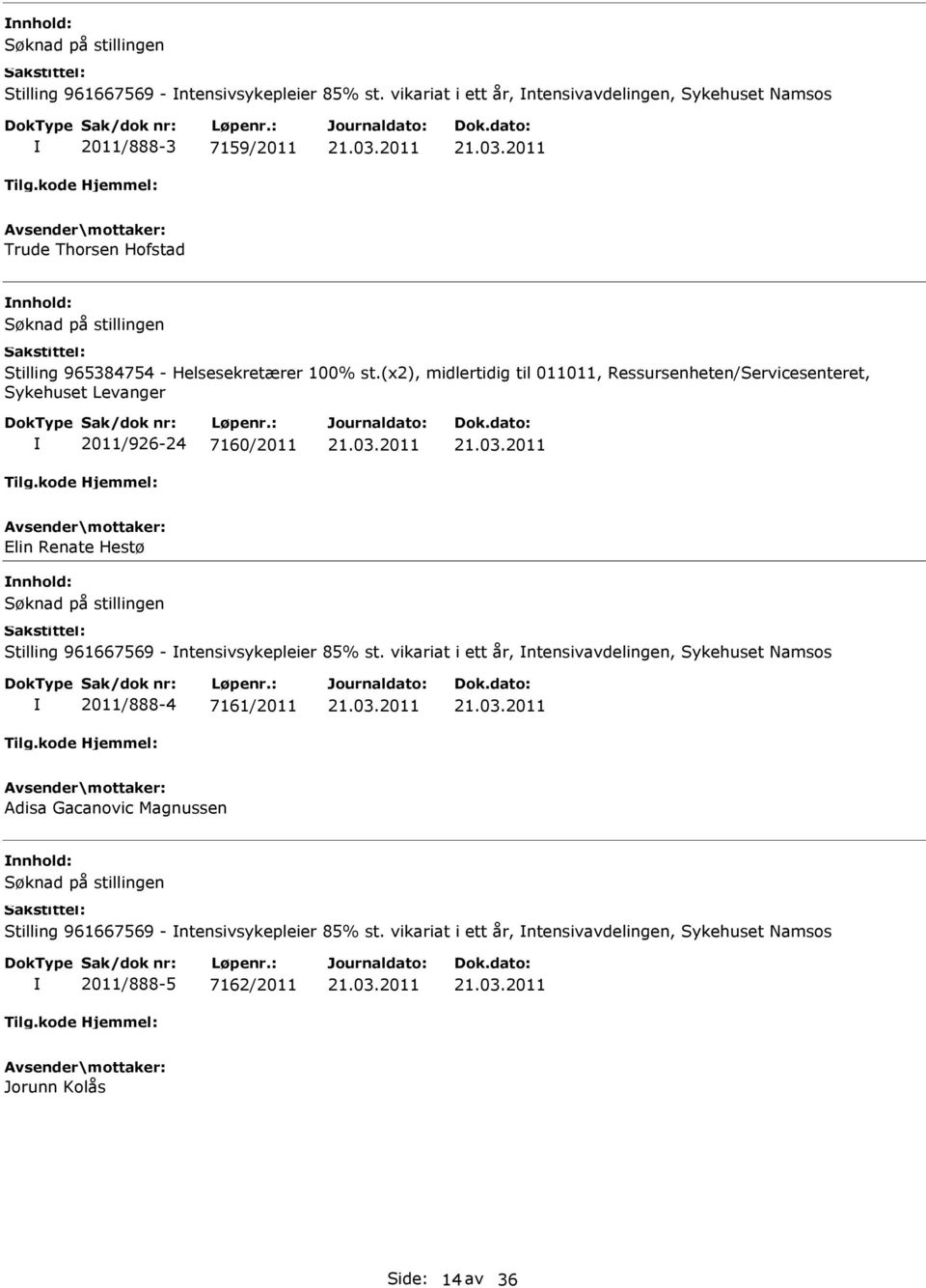 Elin Renate Hestø  vikariat i ett år, ntensivavdelingen, Sykehuset Namsos 2011/888-4 7161/2011 Adisa Gacanovic Magnussen 