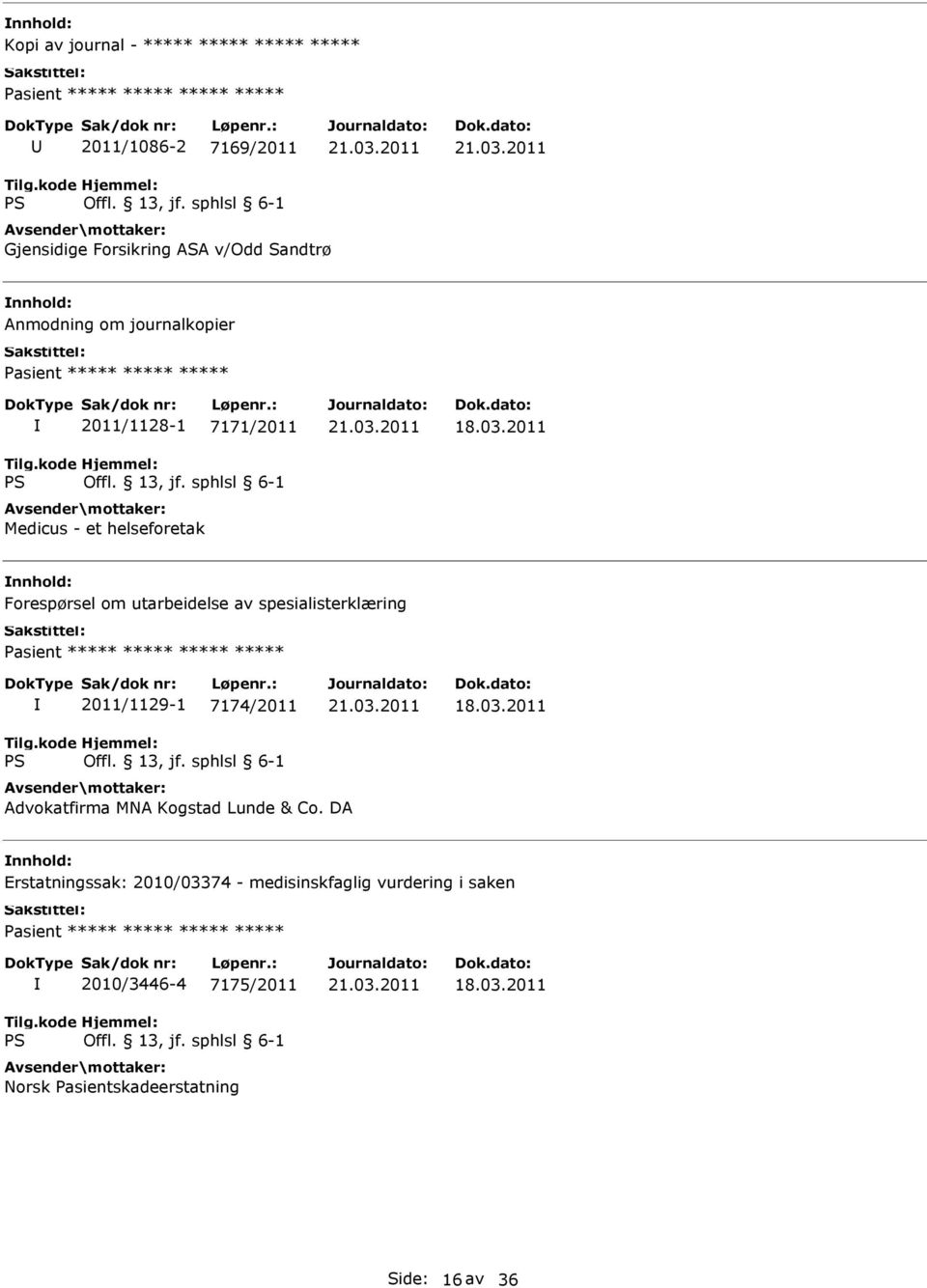 utarbeidelse av spesialisterklæring Pasient ***** ***** ***** ***** 2011/1129-1 7174/2011 Advokatfirma MNA Kogstad Lunde & Co.