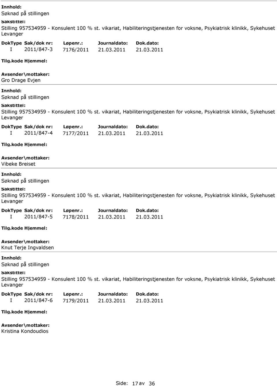 Psykiatrisk klinikk, Sykehuset Levanger 2011/847-4 7177/2011 Vibeke Breiset  vikariat, Habiliteringstjenesten for voksne, Psykiatrisk klinikk, Sykehuset Levanger 2011/847-5