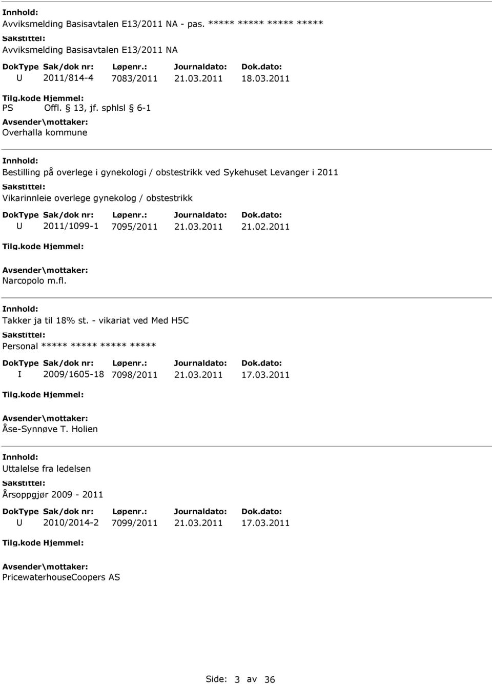 gynekologi / obstestrikk ved i 2011 Vikarinnleie overlege gynekolog / obstestrikk 2011/1099-1 7095/2011 21.02.2011 Narcopolo m.fl.