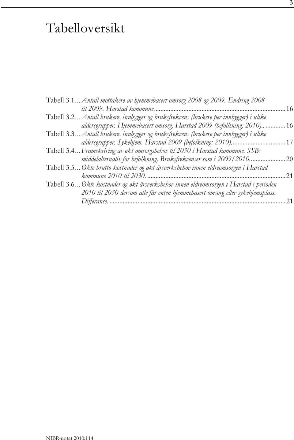 Harstad 2009 (befolkning: 2010)...17 Tabell 3.4...Framskriving av økt omsorgsbehov til 2030 i Harstad kommune. SSBs middelalternativ for befolkning. Bruksfrekvenser som i 2009/2010...20 Tabell 3.5.