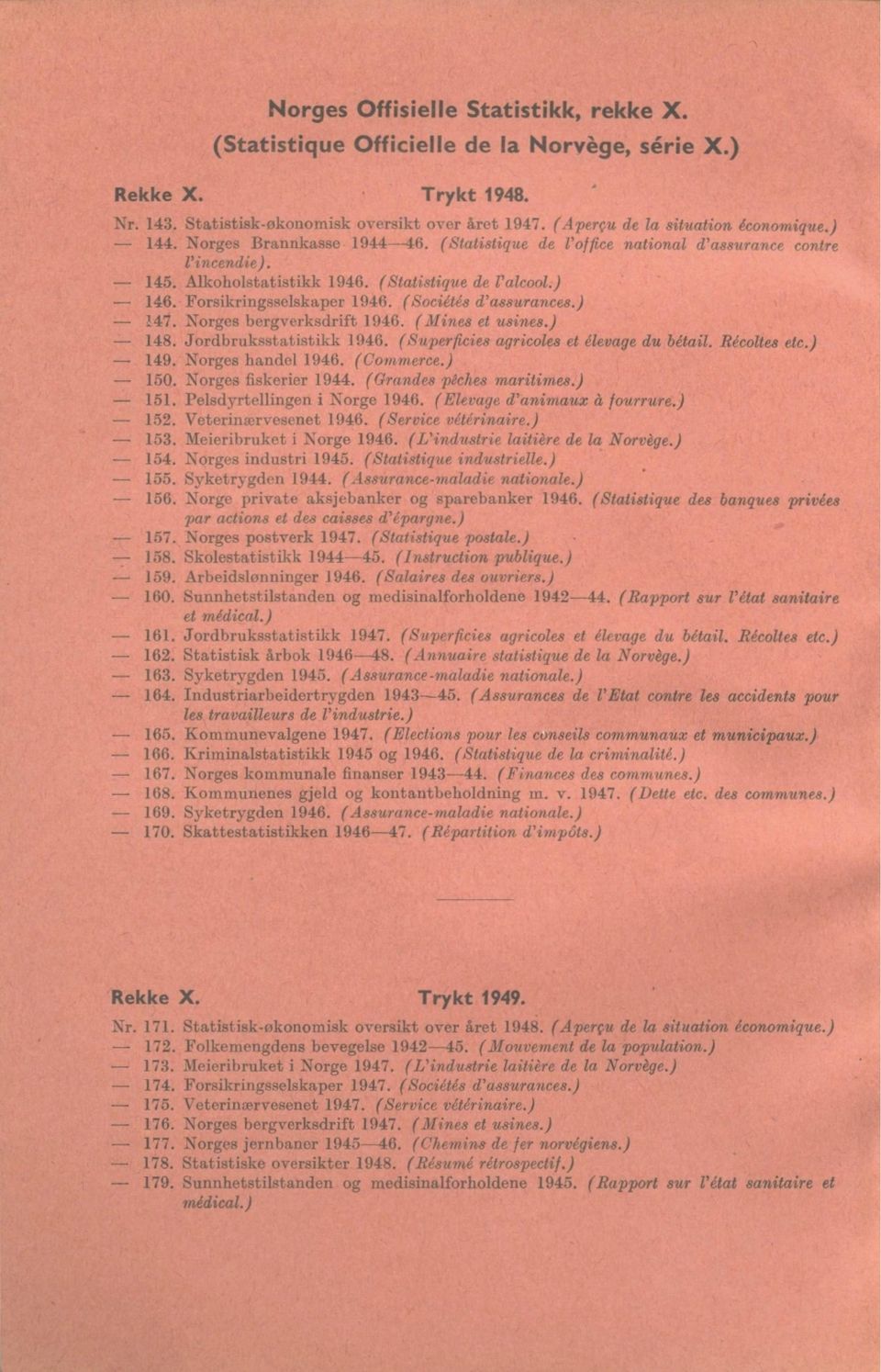 ( Mines et usines.). Jordbruksstatistikk 9. (Superficies agricoles et élevage du Mail. Récoltes etc.) 9. Norges handel 9. (Commerce.) 0. Norges fiskerier 9. (Grandes pêches maritimes.). Pelsdyrtellingen i Norge 9.