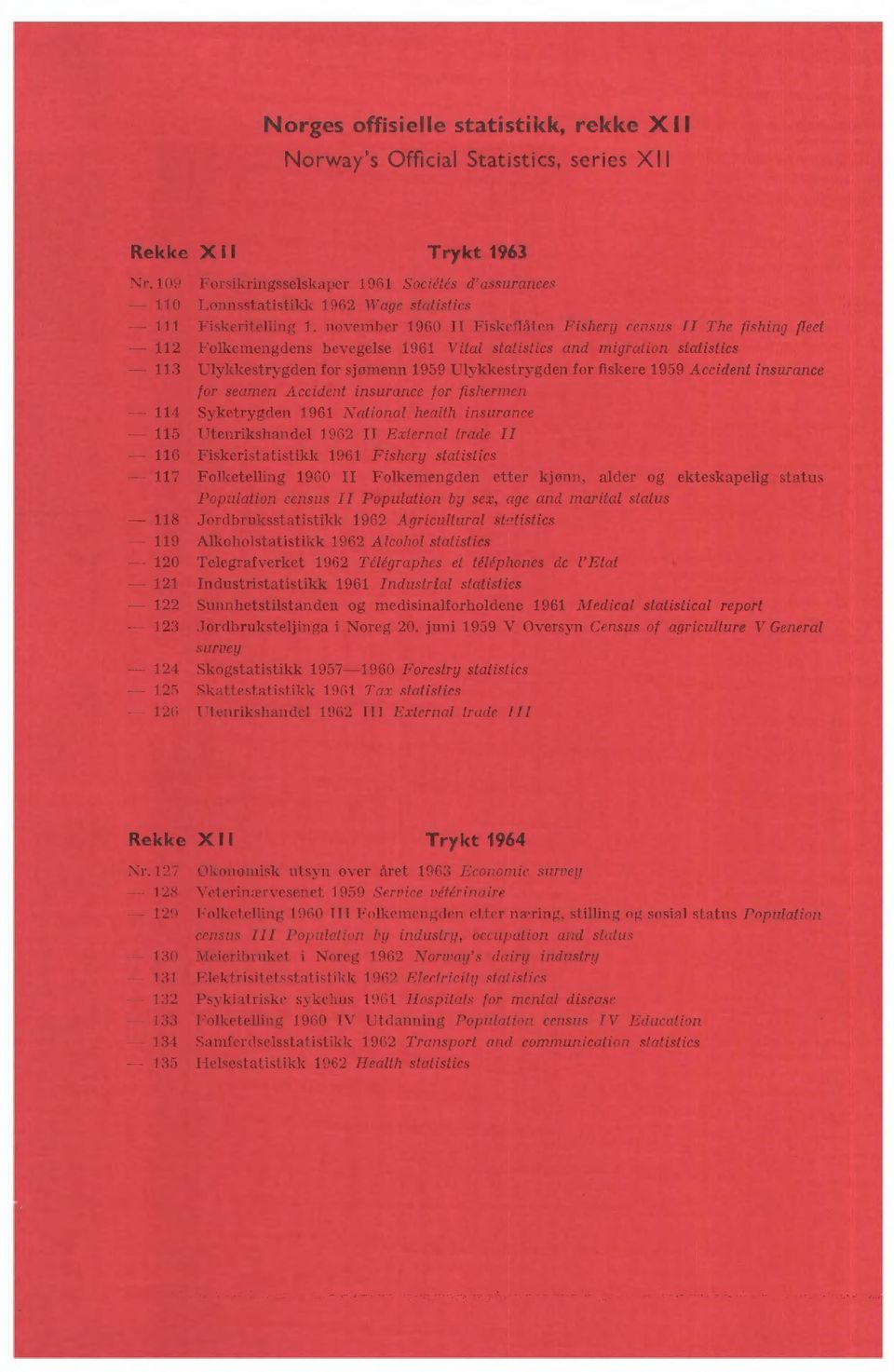 november 960 II Fiskeflåten Fishery census II The fishing fleet Folkemengdens bevegelse 96 Vital statistics and migration statistics 3 Ulykkestrygden for sjømenn 959 Ulykkestrygden for fiskere 959