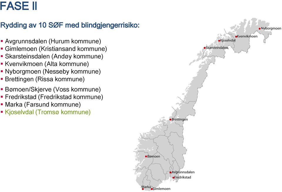 kommune) Nyborgmoen (Nesseby kommune) Brettingen (Rissa kommune) Bømoen/Skjerve (Voss