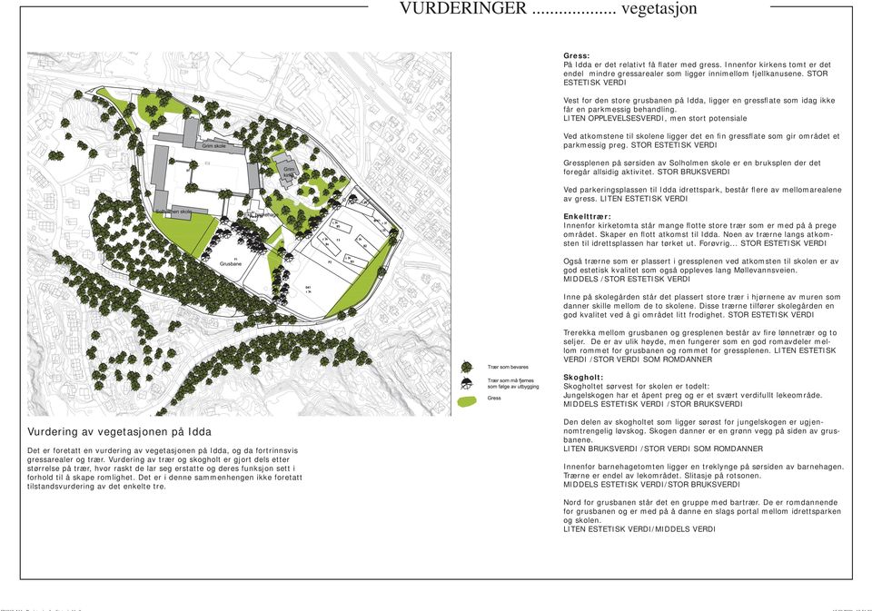 LITEN OPPLEVELSESVERDI, men stort potensiale Ved atkomstene til skolene ligger det en fin gressflate som gir området et parkmessig preg.