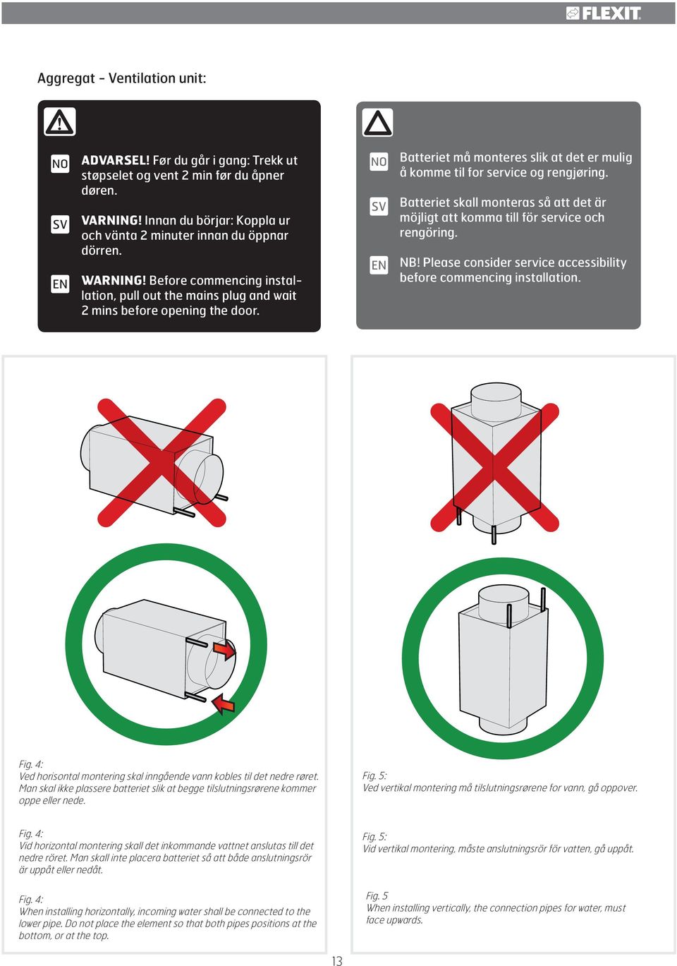 Batteriet skall monteras så att det är möjligt att komma till för service och rengöring. NB! Please consider service accessibility before commencing installation. Fig.