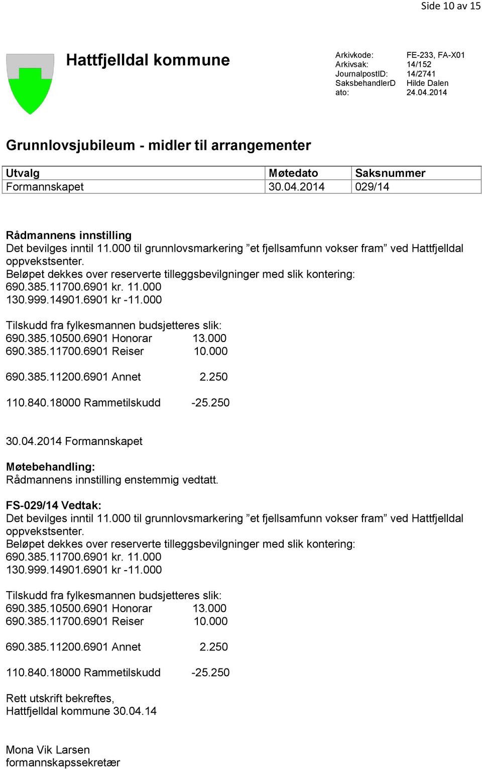 000 til grunnlovsmarkering et fjellsamfunn vokser fram ved Hattfjelldal oppvekstsenter. Beløpet dekkes over reserverte tilleggsbevilgninger med slik kontering: 690.385.11700.6901 kr. 11.000 130.999.