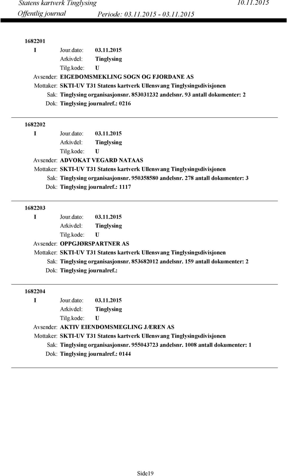 278 antall dokumenter: 3 Dok: journalref.: 1117 1682203 Avsender: OPPGJØRSPARTNER AS Mottaker: SKTI-V T31 Statens kartverk llensvang sdivisjonen organisasjonsnr. 853682012 andelsnr.