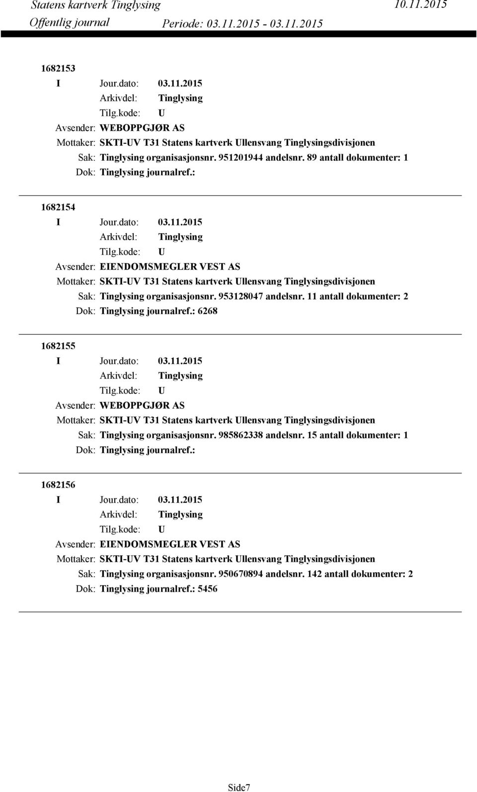 11 antall dokumenter: 2 Dok: journalref.: 6268 1682155 Avsender: WEBOPPGJØR AS Mottaker: SKTI-V T31 Statens kartverk llensvang sdivisjonen organisasjonsnr. 985862338 andelsnr.