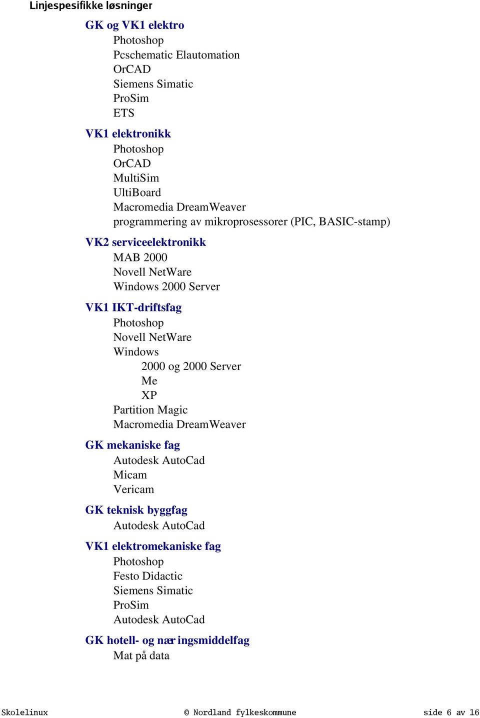 Novell NetWare Windows 2000 og 2000 Server Me XP Partition Magic Macromedia DreamWeaver GK mekaniske fag Autodesk AutoCad Micam Vericam GK teknisk byggfag Autodesk AutoCad