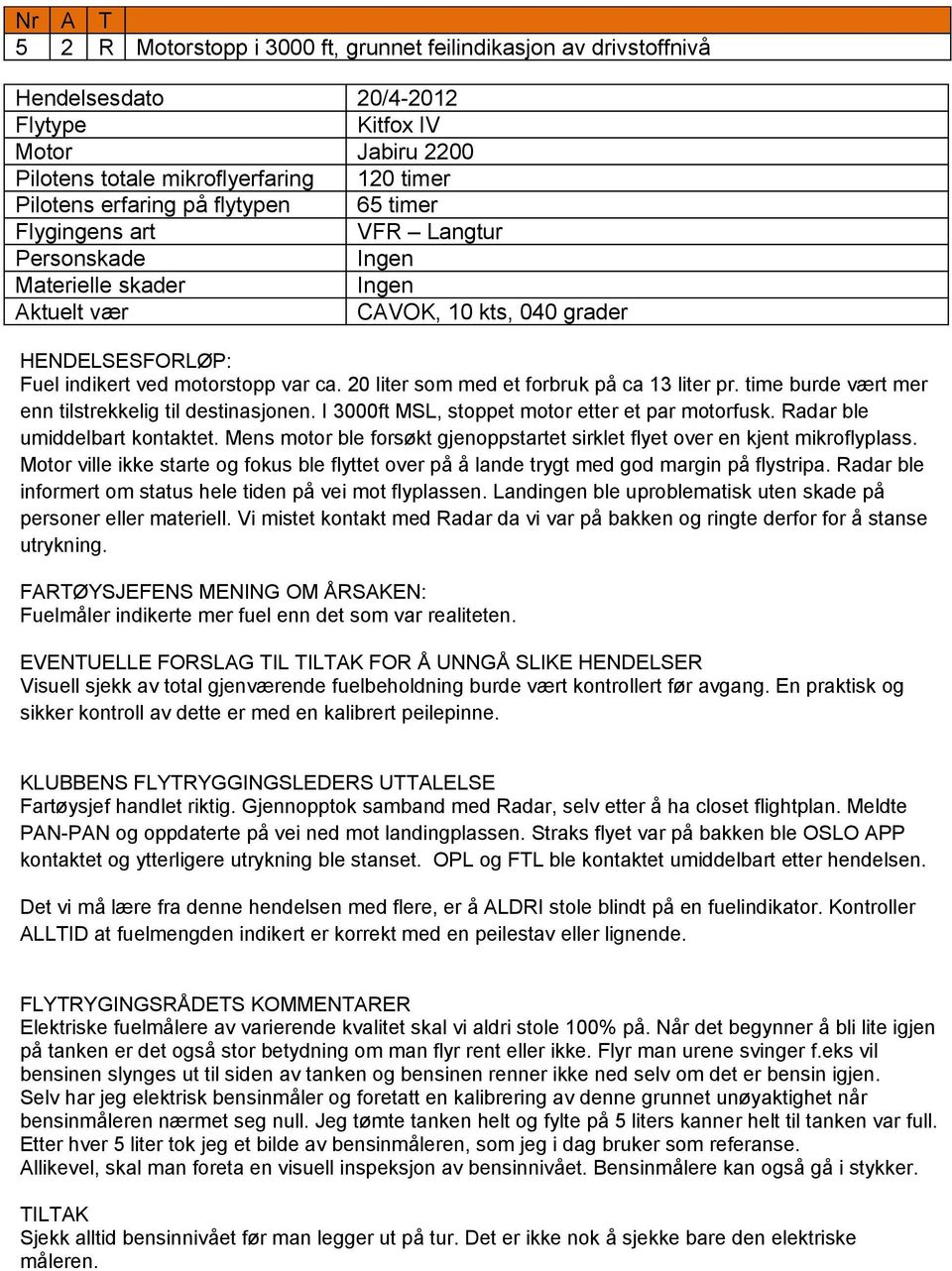 I 3000ft MSL, stoppet motor etter et par motorfusk. Radar ble umiddelbart kontaktet. Mens motor ble forsøkt gjenoppstartet sirklet flyet over en kjent mikroflyplass.