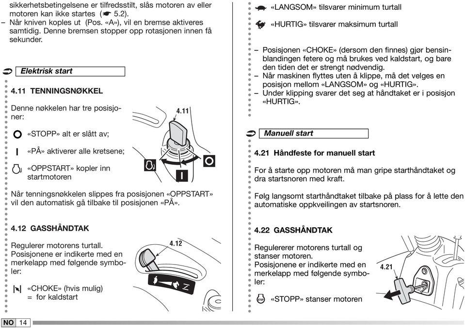 TENNINGSNØKKEL Denne nøkkelen har tre posisjoner: «STOPP» alt er slått av; «PÅ» aktiverer alle kretsene; «OPPSTART» kopler inn startmotoren 4.