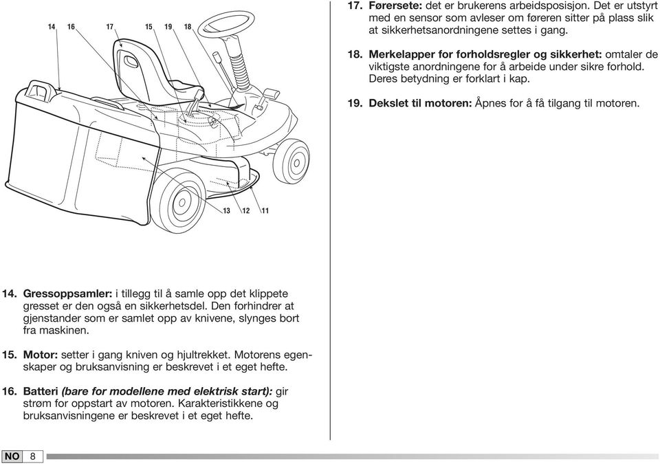 Den forhindrer at gjenstander som er samlet opp av knivene, slynges bort fra maskinen. 5. Motor: setter i gang kniven og hjultrekket.