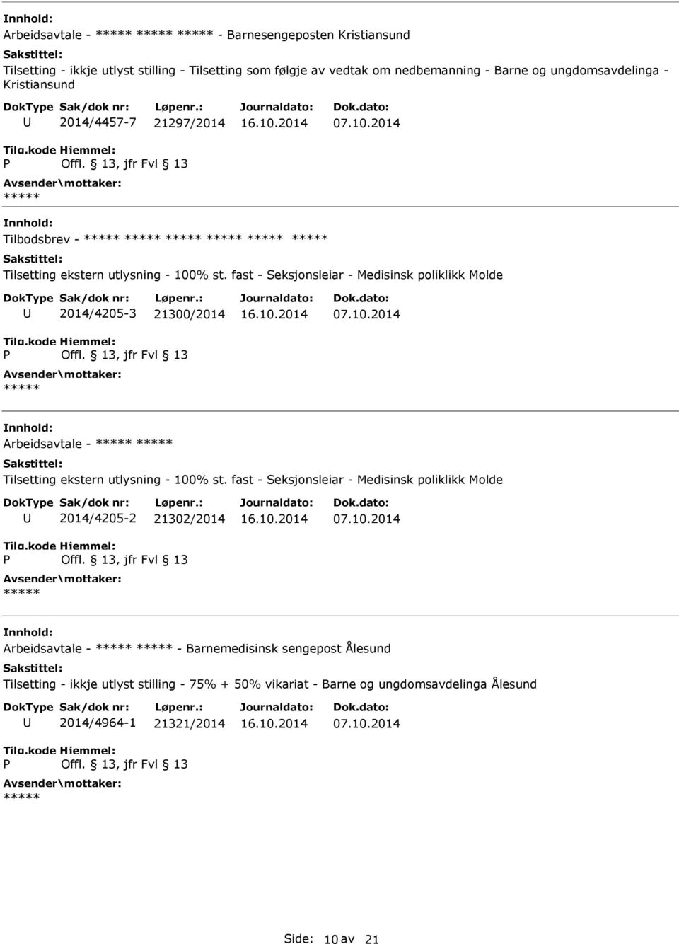 fast - Seksjonsleiar - Medisinsk poliklikk Molde 2014/4205-3 21300/2014 07.10.2014 Arbeidsavtale - Tilsetting ekstern utlysning - 100% st.