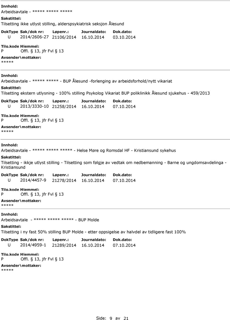 2014 Arbeidsavtale - - B Ålesund -forlenging av arbeidsforhold/nytt vikariat Tilsetting ekstern utlysning - 100% stilling sykolog Vikariat B poliklinikk Ålesund