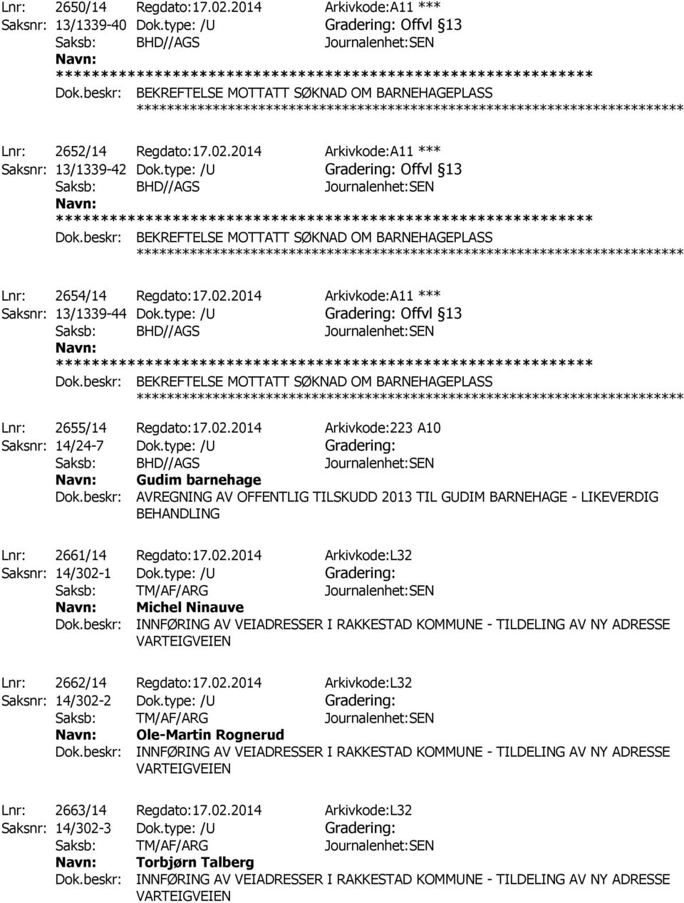 type: /U Gradering: Gudim barnehage Dok.beskr: AVREGNING AV OFFENTLIG TILSKUDD 2013 TIL GUDIM BARNEHAGE - LIKEVERDIG BEHANDLING Lnr: 2661/14 Regdato:17.02.2014 Arkivkode:L32 Saksnr: 14/302-1 Dok.