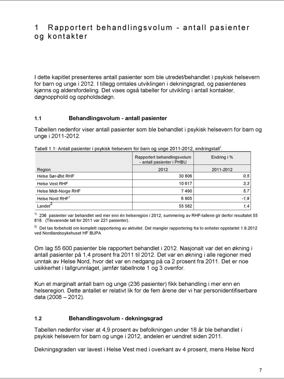 1 Behandlingsvolum - antall pasienter Tabellen nedenfor viser antall pasienter som ble behandlet i psykisk helsevern for barn og unge i 2011-2012. Tabell 1.