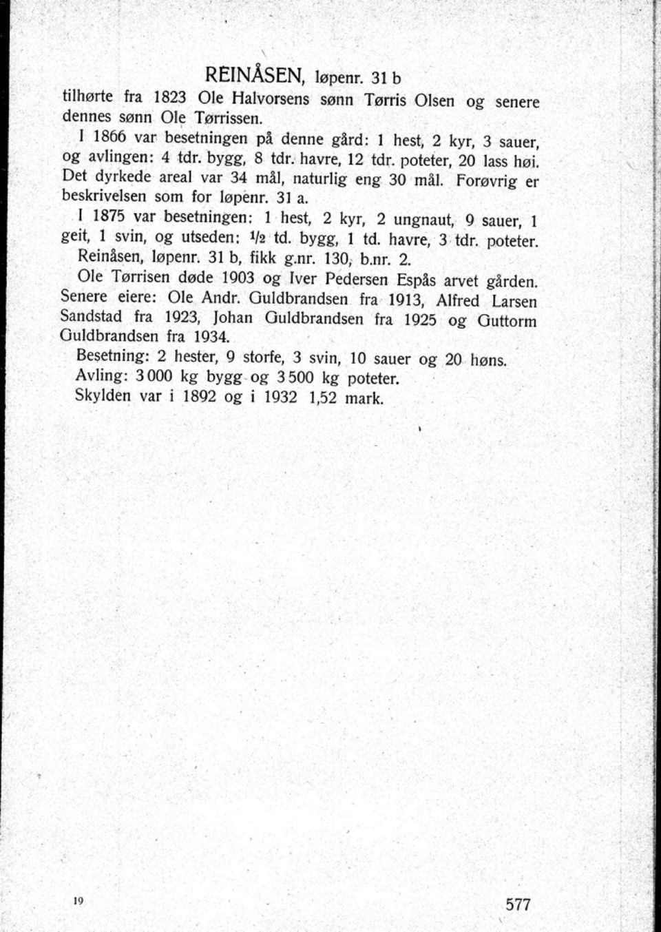 1 geit l svi n. og utseden: 1/2 td. bygg l td. havre 3 tdr. poteter. Reinlsen løpenr. 31 b fikk g.nr. 130 b.nr. 2. Ole Tørrisen døde 1903 og Iver Pedersen Espls arvet gården. Senere eiere: Ole Andr.