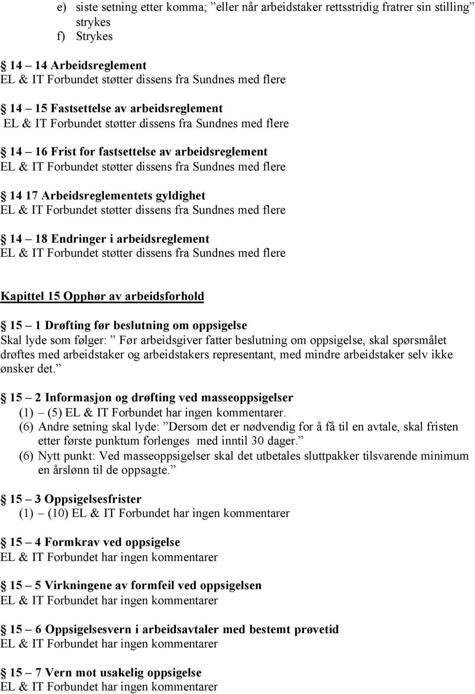 Arbeidsreglementets gyldighet EL & IT Forbundet støtter dissens fra Sundnes med flere 14 18 Endringer i arbeidsreglement EL & IT Forbundet støtter dissens fra Sundnes med flere Kapittel 15 Opphør av