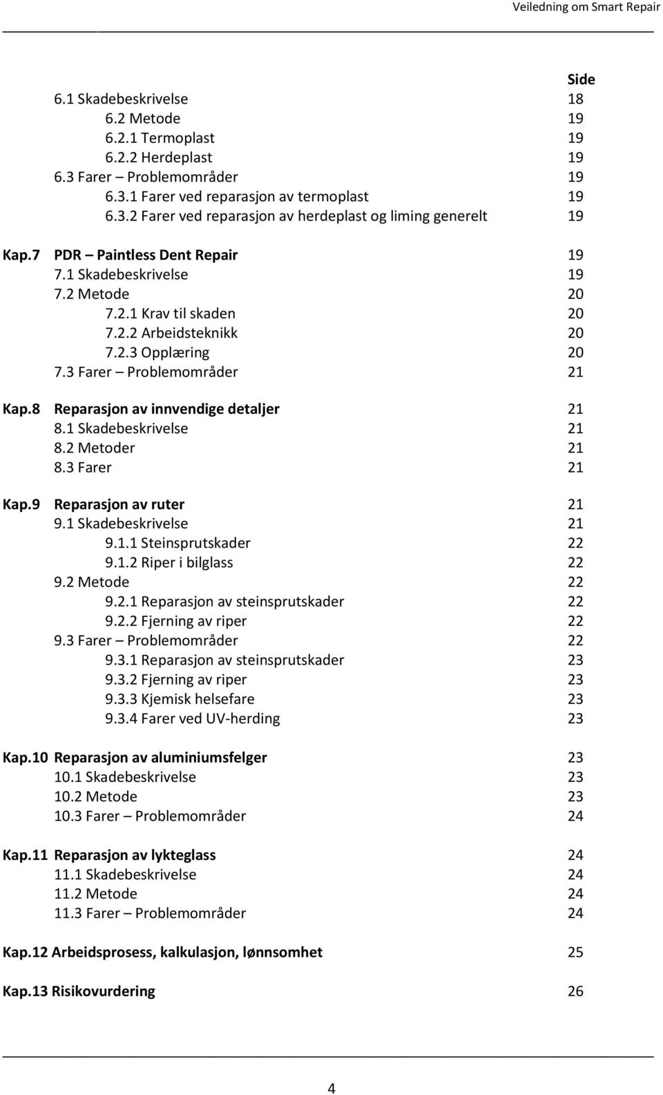 8 Reparasjon av innvendige detaljer 21 8.1 Skadebeskrivelse 21 8.2 Metoder 21 8.3 Farer 21 Kap.9 Reparasjon av ruter 21 9.1 Skadebeskrivelse 21 9.1.1 Steinsprutskader 22 9.1.2 Riper i bilglass 22 9.