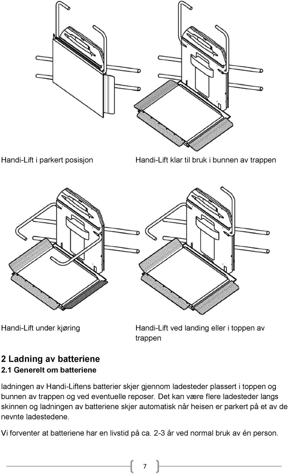 1 Generelt om batteriene ladningen av Handi-Liftens batterier skjer gjennom ladesteder plassert i toppen og bunnen av trappen og ved