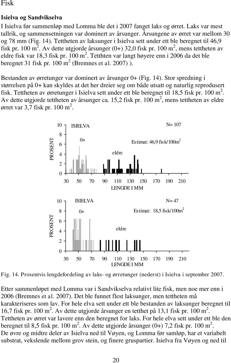 1 m 2, mens tettheten av eldre fisk var 18,3 fisk pr. 1 m 2. Tetthten var langt høyere enn i 26 da det ble beregnet 31 fisk pr. 1 m 2 (Bremnes et al. 27) ).