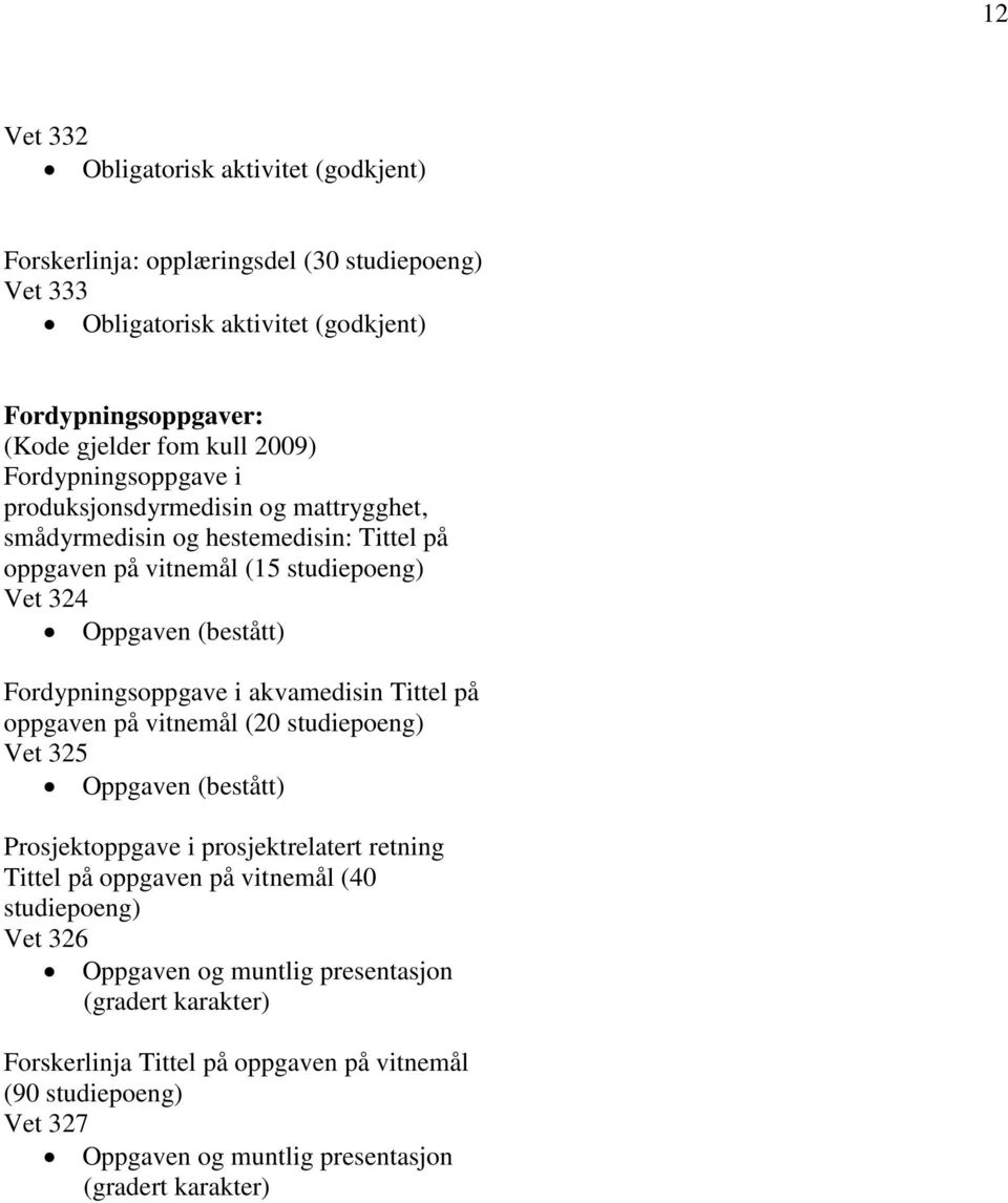 Fordypningsoppgave i akvamedisin Tittel på oppgaven på vitnemål (20 studiepoeng) Vet 325 Oppgaven (bestått) Prosjektoppgave i prosjektrelatert retning Tittel på oppgaven på vitnemål