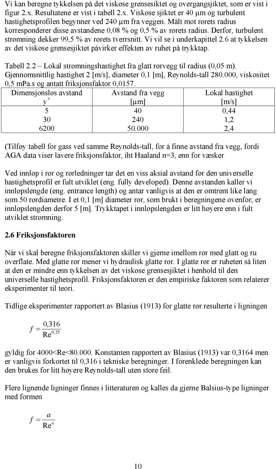 6 at tykkelsen av det viskøse grensesjiktet påvirker effekten av ruhet på trykktap. Tabell. Lokal strømningshastighet fra glatt rørvegg til radius (0,05 m).