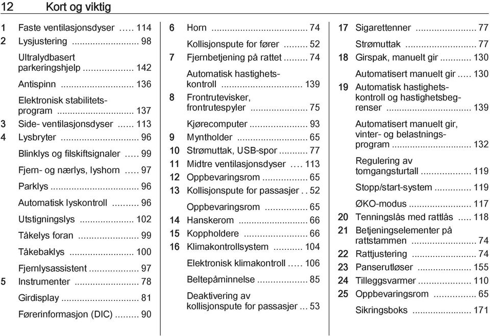 .. 100 Fjernlysassistent... 97 5 Instrumenter... 78 Girdisplay... 81 Førerinformasjon (DIC)...90 6 Horn... 74 Kollisjonspute for fører... 52 7 Fjernbetjening på rattet.