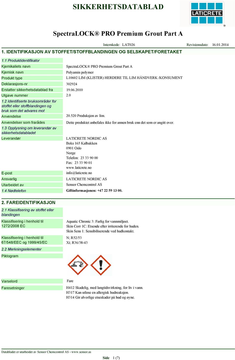 2010 Utgave nummer 2.0 1.2 Identifiserte bruksområder for stoffet eller stoffblandingen og bruk som det advares mot Anvendelse Anvendelser som frarådes 1.