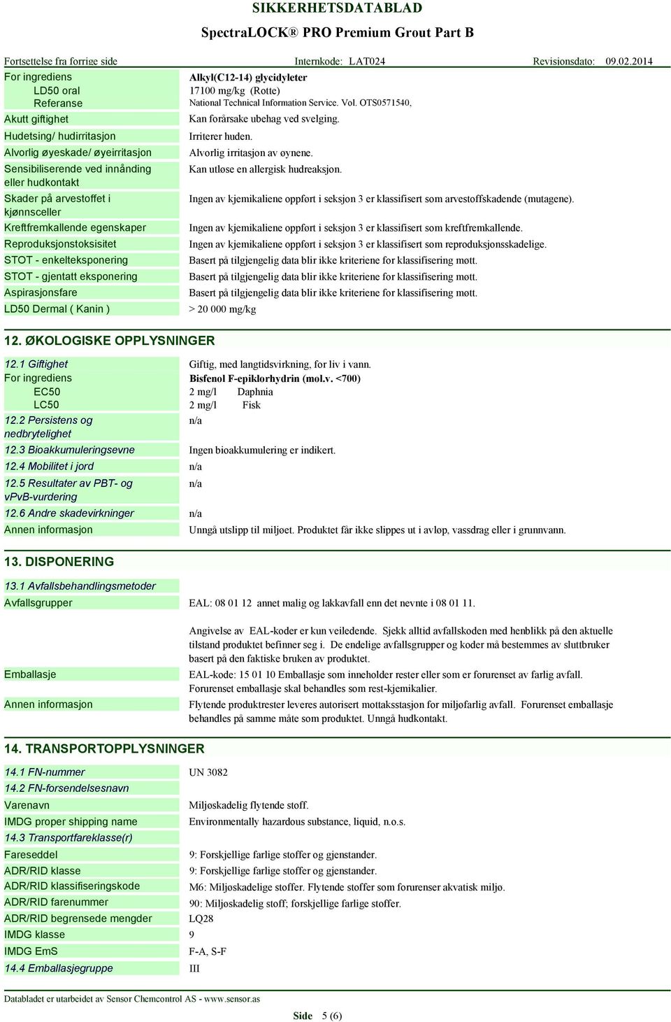 2014 For ingrediens LD50 oral Referanse Akutt giftighet Hudetsing/ hudirritasjon Alvorlig øyeskade/ øyeirritasjon Sensibiliserende ved innånding eller hudkontakt Skader på arvestoffet i kjønnsceller