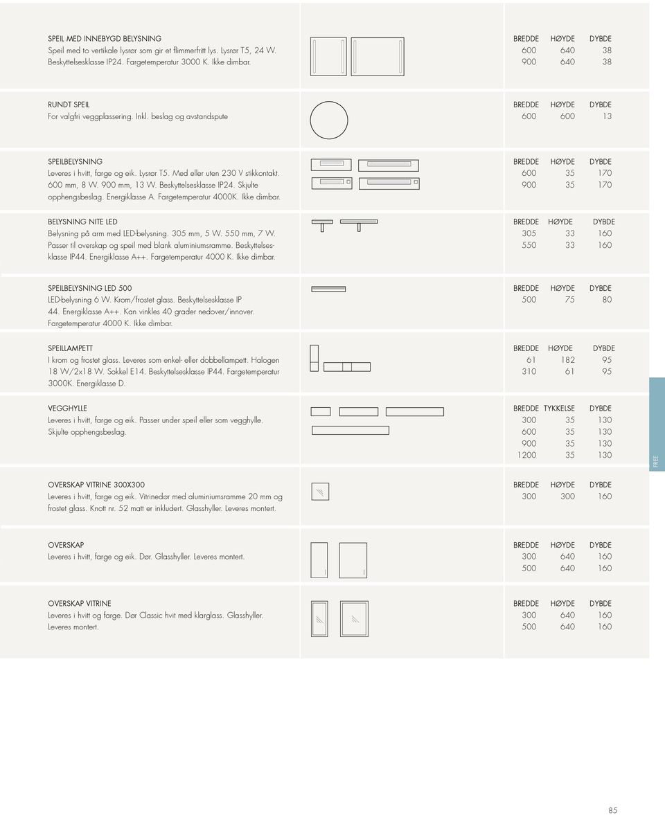 Energiklasse A. Fargetemperatur 4000K. Ikke dimbar. BELYSNING NITE LED Belysning på arm med LED-belysning. 305 mm, 5 W. 550 mm, 7 W. Passer til overskap og speil med blank aluminiumsramme.