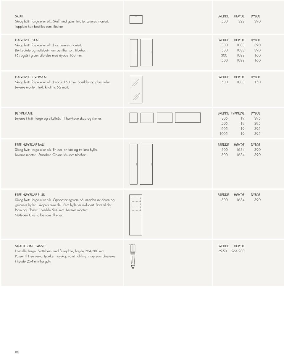 52 matt. 500 1088 150 BENKEPLATE Leveres i hvitt, farge og eikefinér. Til halvhøye skap og skuffer. TYKKELSE 305 19 395 505 19 395 605 19 395 1005 19 395 FREE HØYSKAP BAS Skrog hvitt, farge eller eik.