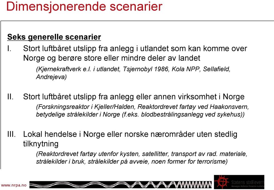 Stort luftbåret utslipp fra anlegg eller annen virksomhet i Norge (Forskningsreaktor i Kjeller/Halden, Reaktordrevet fartøy ved Haakonsvern, betydelige strålekilder i Norge (f.