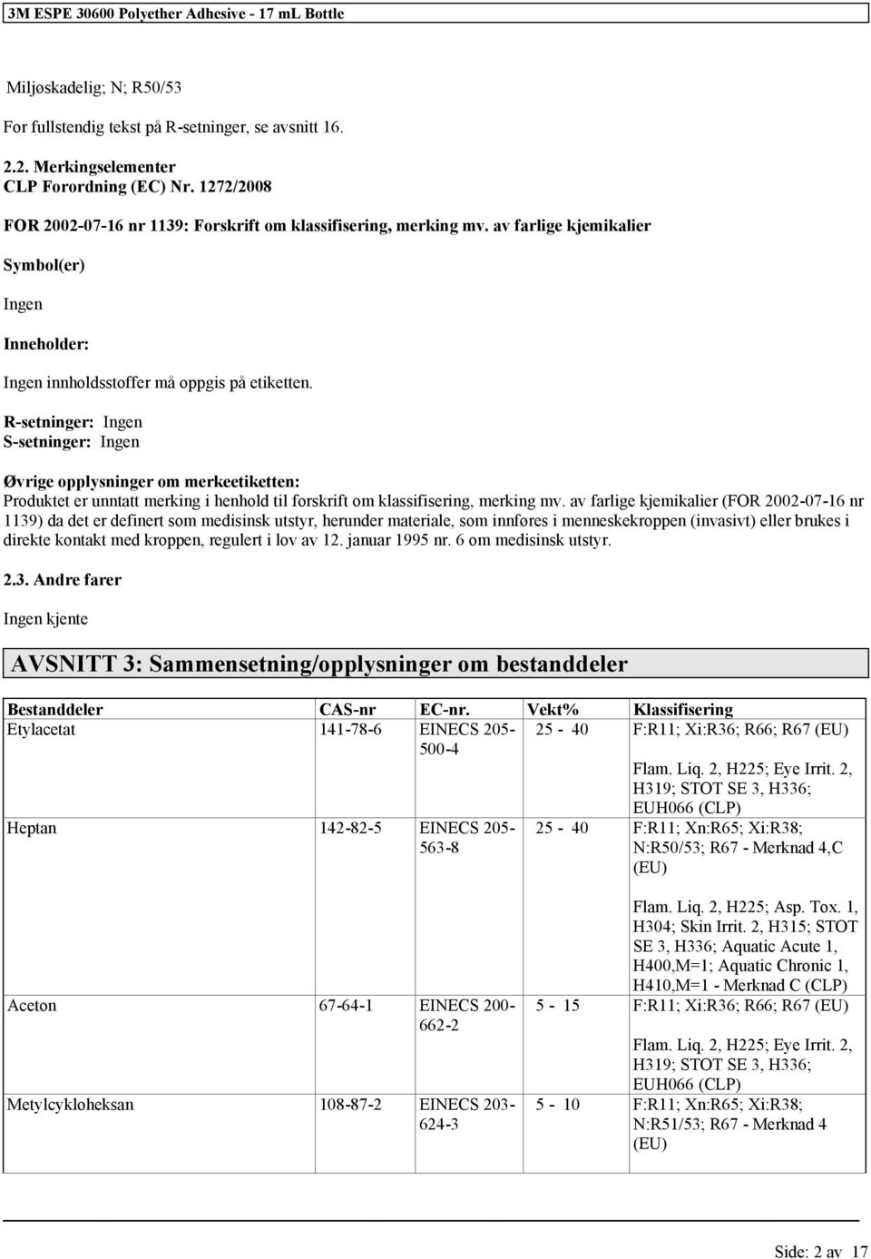 R-setninger: Ingen S-setninger: Ingen Øvrige opplysninger om merkeetiketten: Produktet er unntatt merking i henhold til skrift om, merking mv.