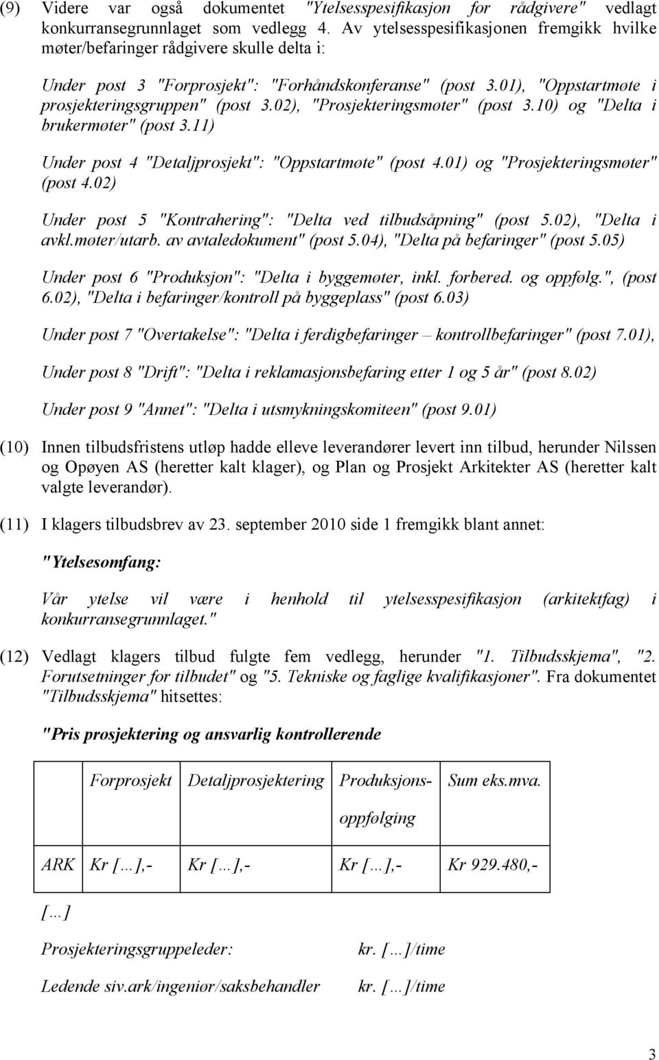 02), "Prosjekteringsmøter" (post 3.10) og "Delta i brukermøter" (post 3.11) Under post 4 "Detaljprosjekt": "Oppstartmøte" (post 4.01) og "Prosjekteringsmøter" (post 4.