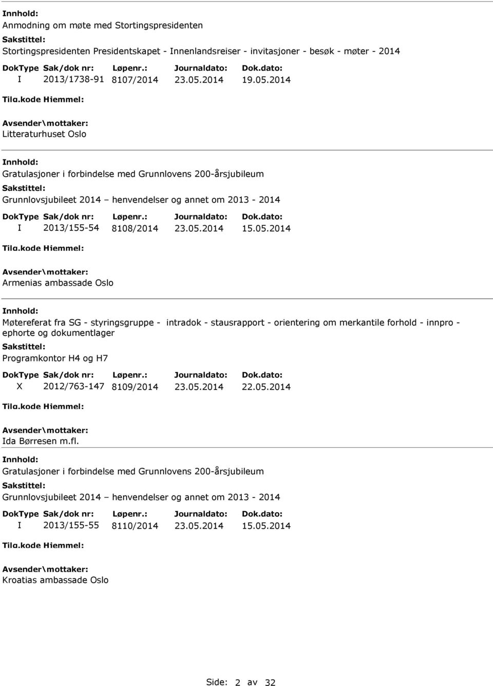 2014 Armenias ambassade Oslo Møtereferat fra SG - styringsgruppe - intradok - stausrapport - orientering om merkantile forhold - innpro - ephorte og dokumentlager Programkontor H4 og H7