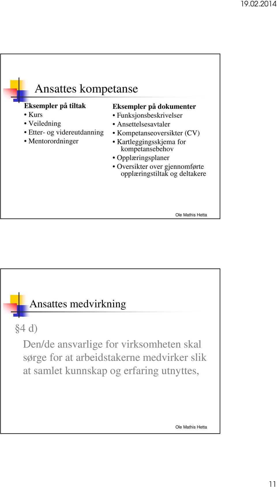 kompetansebehov Opplæringsplaner Oversikter over gjennomførte opplæringstiltak og deltakere 4 d) Ansattes