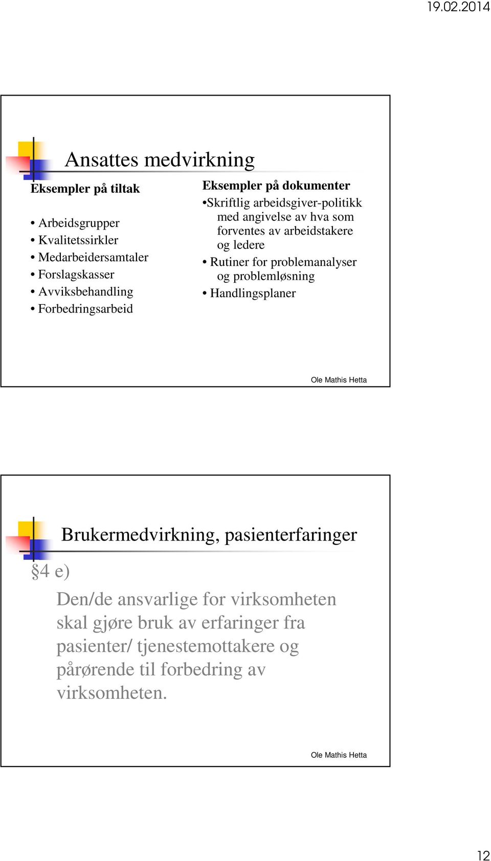 og ledere Rutiner for problemanalyser og problemløsning Handlingsplaner 4 e) Brukermedvirkning, pasienterfaringer Den/de