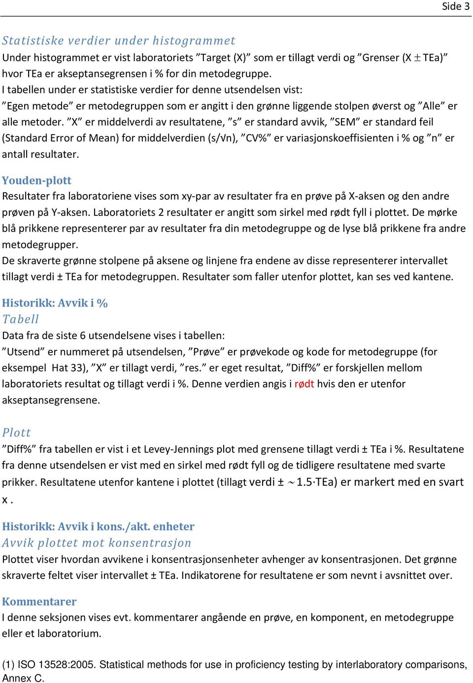 X er middelverdi av resultatene, s er standard avvik, SEM er standard feil (Standard Error of Mean) for middelverdien (s/ n), CV% er variasjonskoeffisienten i % og n er antall resultater.